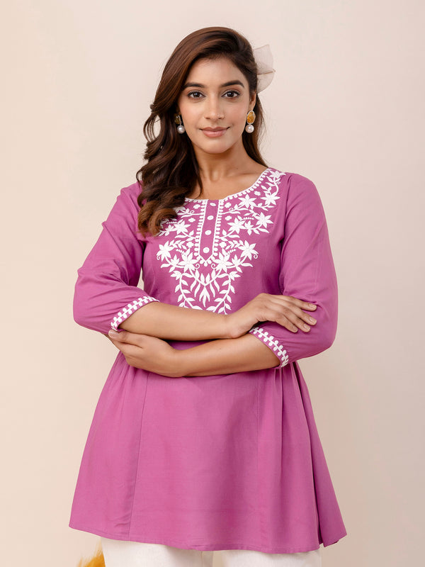 Lavender Rayon Hip Length Solid Round Neck Solid Embroidered Straight Top