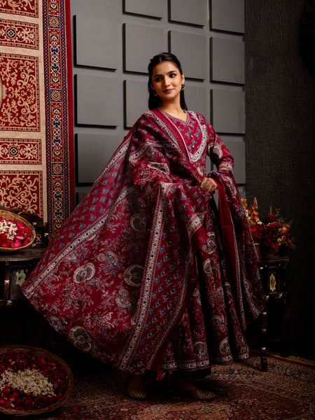 Wine Cotton Calf Length Printed Flared V-Neck Kurta Suit Set
