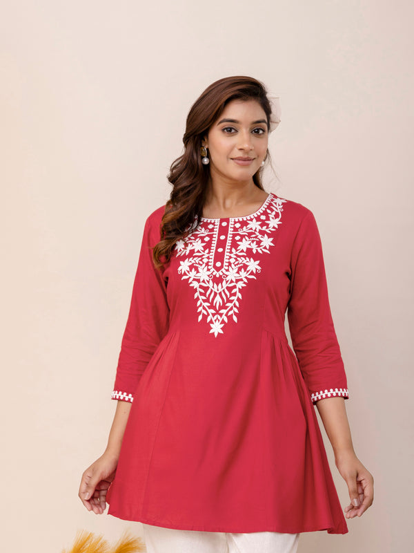 Coral Rayon Hip Length Solid Round Neck Solid Embroidered Straight Top