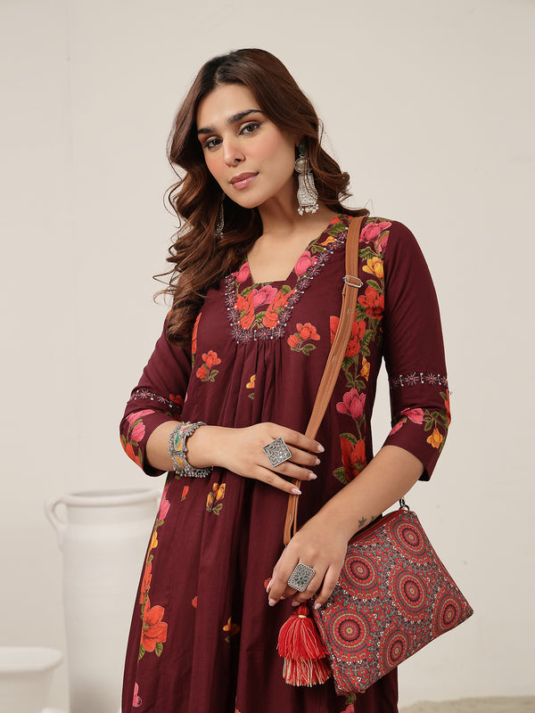 Rayon Calf Length Printed 3/4 Sleeve V-Neck Flared Kurta