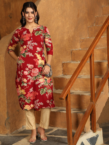 Maroon Cotton Calf Length Printed Straight Round Neck Kurta