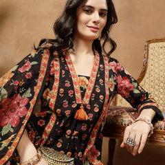 Cotton Calf Length Printed 3/4 Sleeves V-Neck Flared Kurta Suit Set