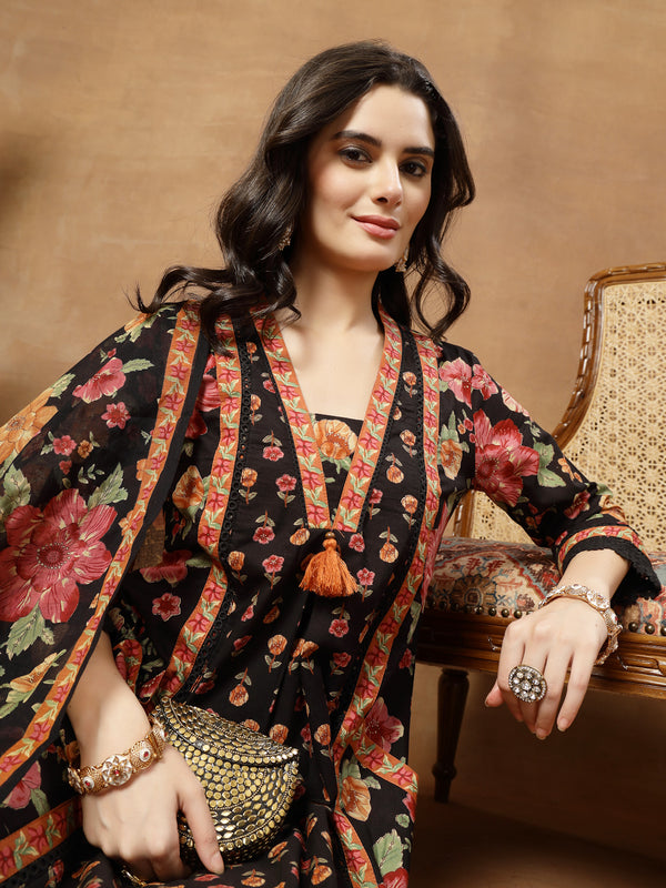 Cotton Calf Length Printed 3/4 Sleeves V-Neck Flared Kurta Suit Set