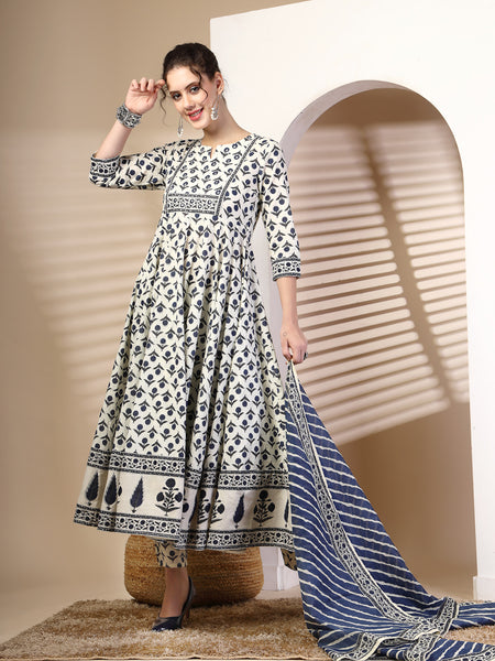 Cotton Calf Length Printed Round Neck Anarkali Kurta Suit Set