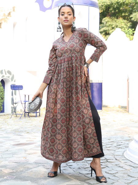 Brown Cotton Calf Length Printed Flared V-Neck Kurta