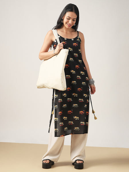 Rayon Calf Length Printed Sleeveless Strappy Straight Kurta