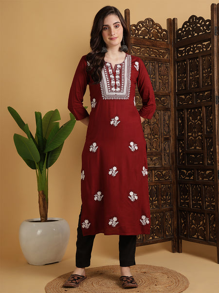 Maroon Rayon Embroidered Calf Length Solid Straight Round Neck Kurta