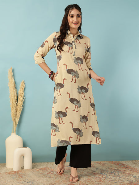 Rayon Calf Length Printed Straight 3/4 Sleeves Shirt Collar Kurta