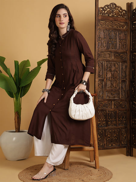Brown Rayon Calf Length Solid A-Line Mandarin Neck Kurta