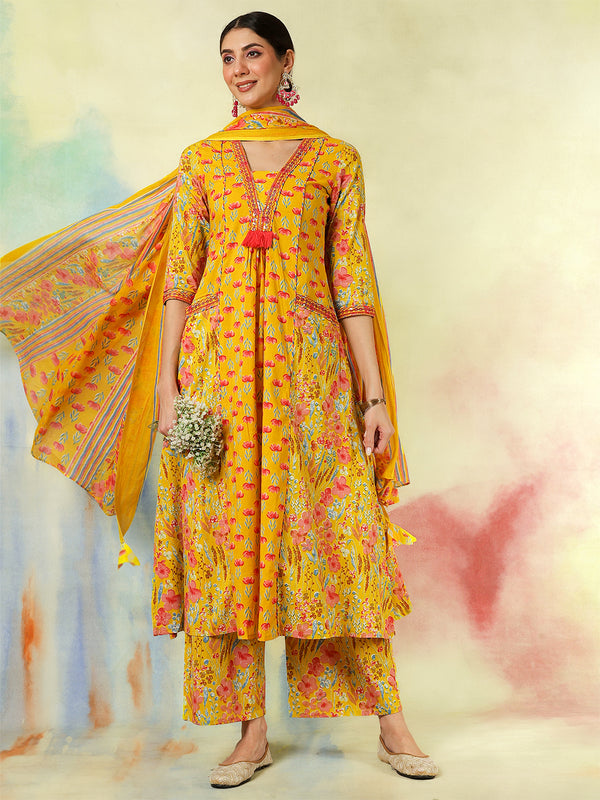 Black Pure Cotton Printed Embroidered Semi-Flared Kurta Suit Set