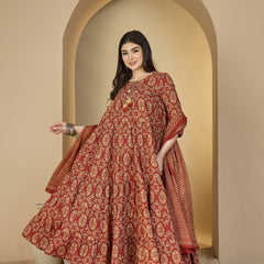Gulmohar Jaipur Cotton Calf Length Printed 3/4 Sleeves Round Neck Anarkali Kurta Suit Set