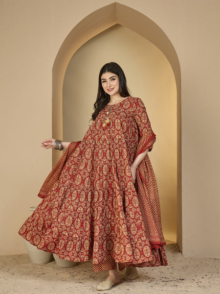 Gulmohar Jaipur Cotton Calf Length Printed 3/4 Sleeves Round Neck Anarkali Kurta Suit Set
