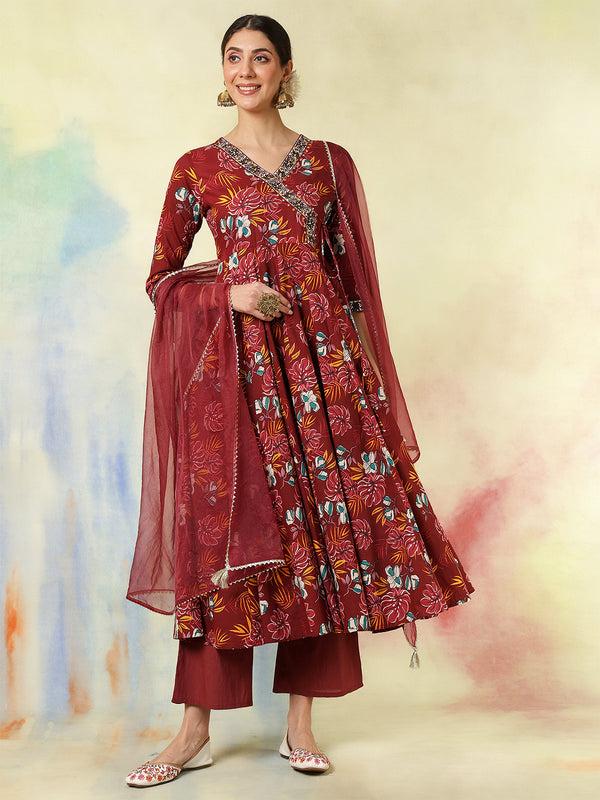 Black Pure Cotton Printed hand-Work Anarkali Kurta Suit Set