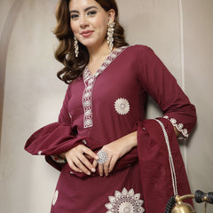 Cotton Calf Length Solid 3/4 Sleeve V-Neck Straight Kurta Suit Set