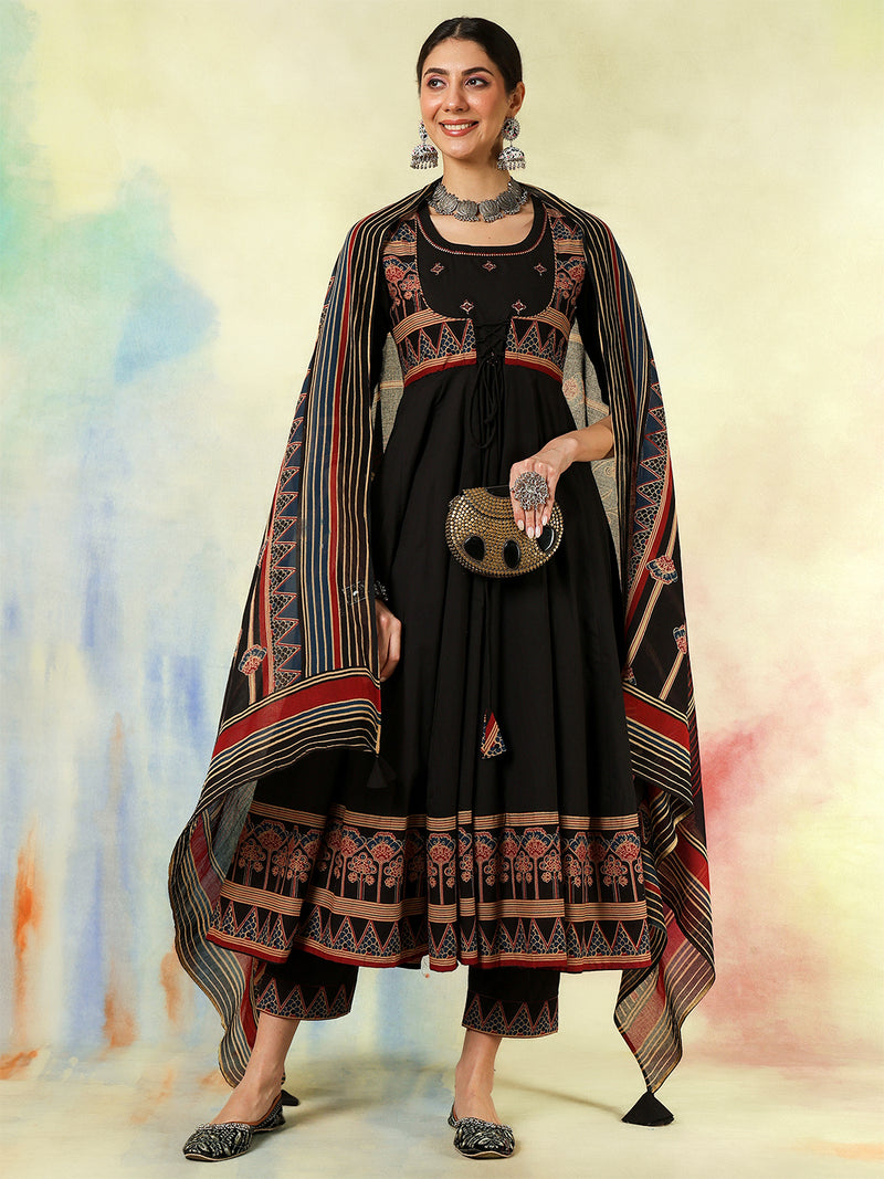 Black Pure Cotton Printed Embroidered Anarkali Kurta Suit Set