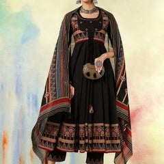 Black Pure Cotton Printed Embroidered Anarkali Kurta Suit Set