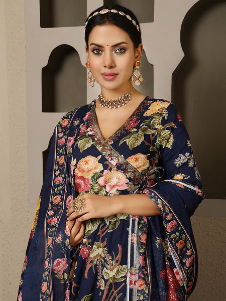 Navy Cotton Calf Length Printed V-Neck Anarkali Kurta Suit Set