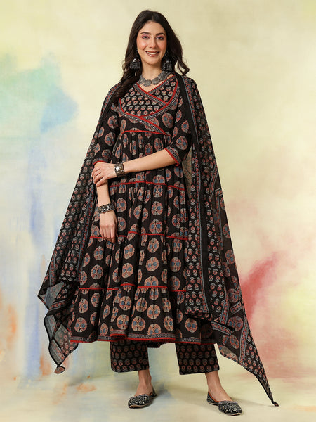 Black Cotton Calf Length Printed Flared V-Neck Kurta Suit Set