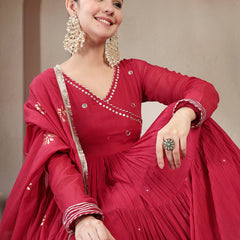 Gulmohar Jaipur Malmal Calf Length Solid Full Sleeves Anrakha Neck Anarkali Kurta Suit Set