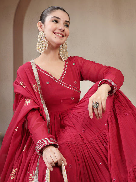 Gulmohar Jaipur Malmal Calf Length Solid Full Sleeves Anrakha Neck Anarkali Kurta Suit Set