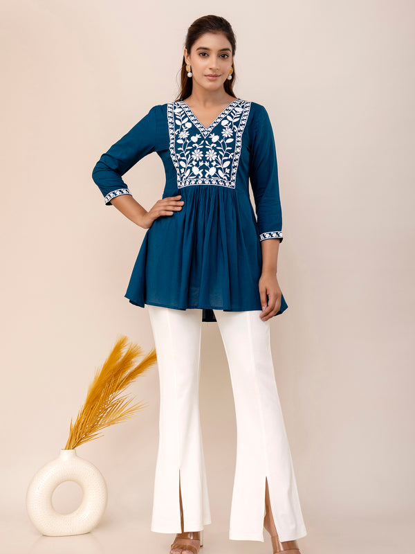 Blue Rayon Hip Length Solid V-Neck Solid Embroidered Semi-Flared Top