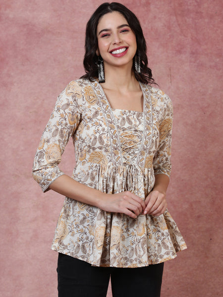 Cotton Short Length Length Printed Flared 3/4 Sleeves Square Top