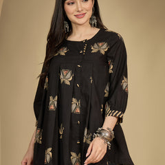 Gulmohar Jaipur Rayon Hip Length Printed 3/4 Sleeves Round Neck Flared Top
