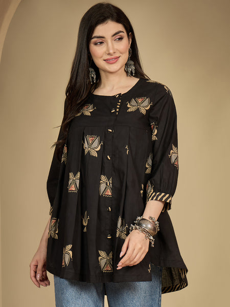 Gulmohar Jaipur Rayon Hip Length Printed 3/4 Sleeves Round Neck Flared Top