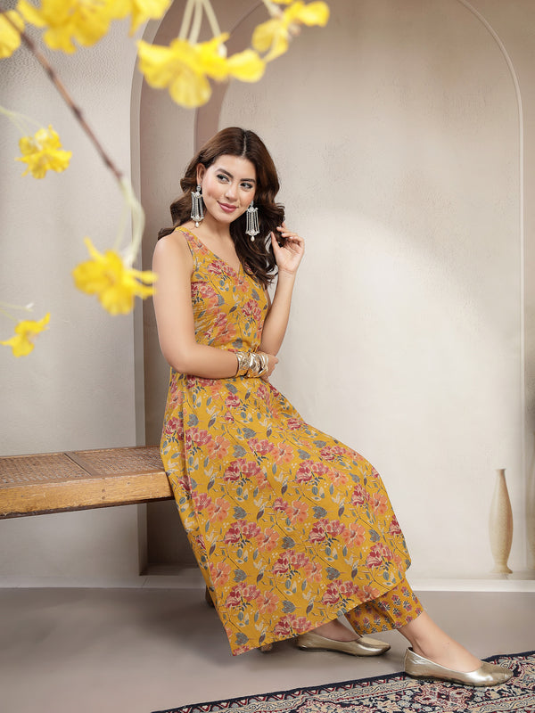 Cotton Calf Length Printed Sleeveless V-Neck Flared Kurta Suit Set