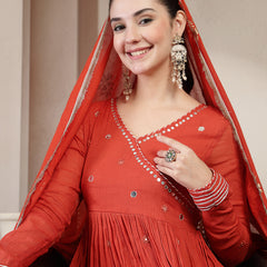 Gulmohar Jaipur Malmal Calf Length Solid Full Sleeves Anrakha Neck Anarkali Kurta Suit Set