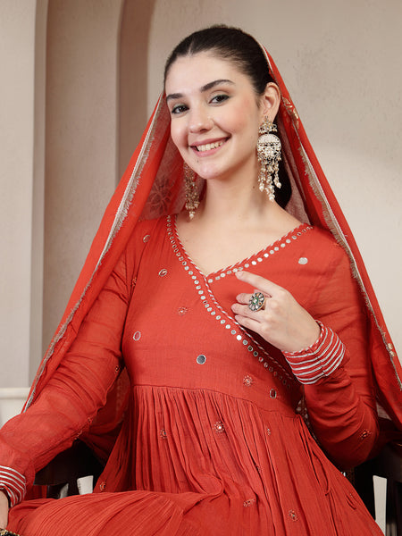 Gulmohar Jaipur Malmal Calf Length Solid Full Sleeves Anrakha Neck Anarkali Kurta Suit Set