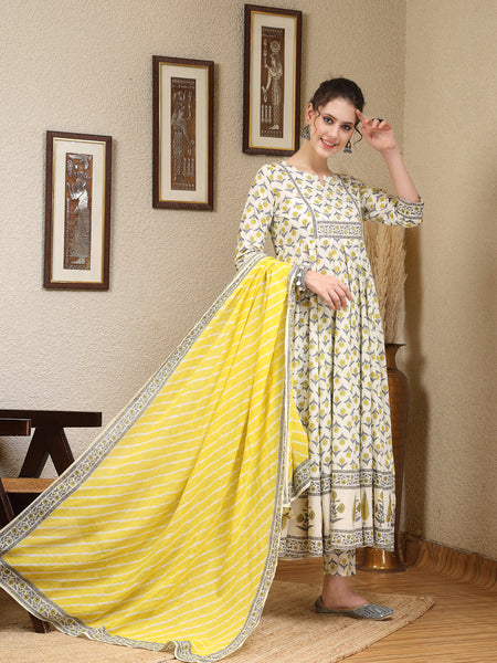 Lemon Cotton Calf Length Printed Round Neck Anarkali Kurta Suit Set