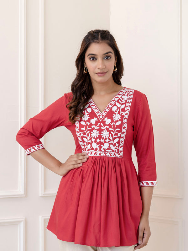 Coral Rayon Hip Length Solid V-Neck Solid Embroidered Semi-Flared Top