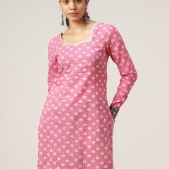 Cotton Hip Length Printed Full Sleeve Sweet Heart Neck Straight Top