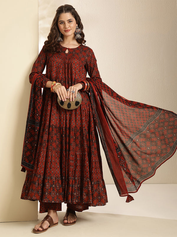 Maroon Pure Cotton Printed Keyhole Neck Anarkali Kurta Suit Set