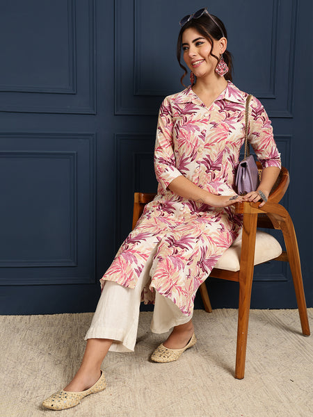 Pink Cotton Flex Calf Length Printed Shirt Coller Straight Kurta