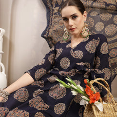 Gulmohar Jaipur Cotton Calf Length Printed 3/4 Sleeve V-Neck Anarkali Kurta Suit Set