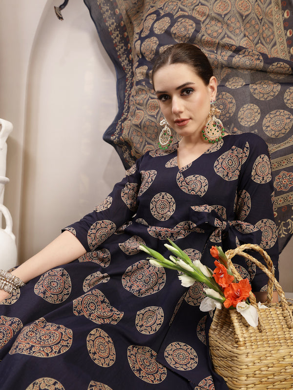 Gulmohar Jaipur Cotton Calf Length Printed 3/4 Sleeve V-Neck Anarkali Kurta Suit Set