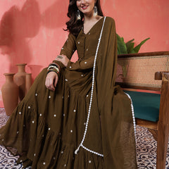 Cotton Ankle  Length Printed Full- Sleeves V-Neck Tired Kurta Suit Set