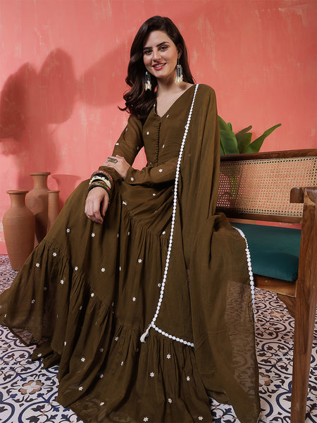 Cotton Ankle  Length Printed Full- Sleeves V-Neck Tired Kurta Suit Set