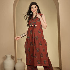 Gulmohar Jaipur Cotton Calf Length Printed Sleeveless Collard Straight Kurta Suit Set