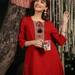 Gulmohar Jaipur Rayon Knee Length Solid 3/4 Sleeve Round Neck Asymmetrical Kurta Suit Set