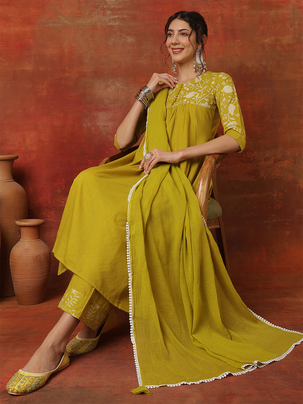 Lime Rayon Solid Hand-Work Round Neck Semi-Flared Kurta Suit Set