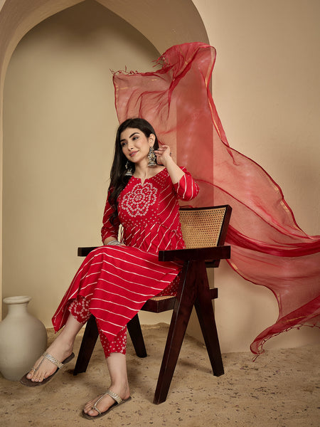 Gulmohar Jaipur Cotton Calf Length Printed 3/4 Sleeves Round Neck Flared Kurta Suit Set