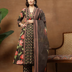 Cotton Calf Length Printed 3/4 Sleeves V-Neck Flared Kurta Suit Set