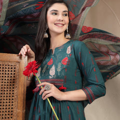 Gulmohar Jaipur Rayon Calf Length Printed 3/4 Sleeves Round Neck A-Line Kurta Suit Set