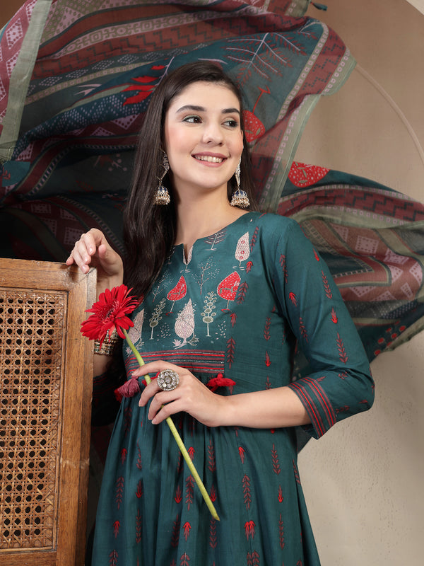 Gulmohar Jaipur Rayon Calf Length Printed 3/4 Sleeves Round Neck A-Line Kurta Suit Set