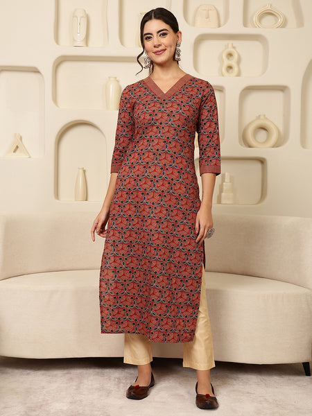 Maroon Rayon Calf Length Printed V-Neck Straight Kurta