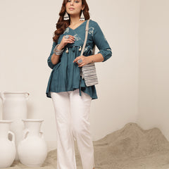 Rayon Hip Length Printed 3/4 Sleeve V-Neck Flared Top