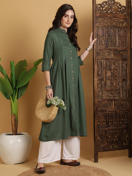 Green Rayon Calf Length Solid A-Line Mandarin Neck Kurta